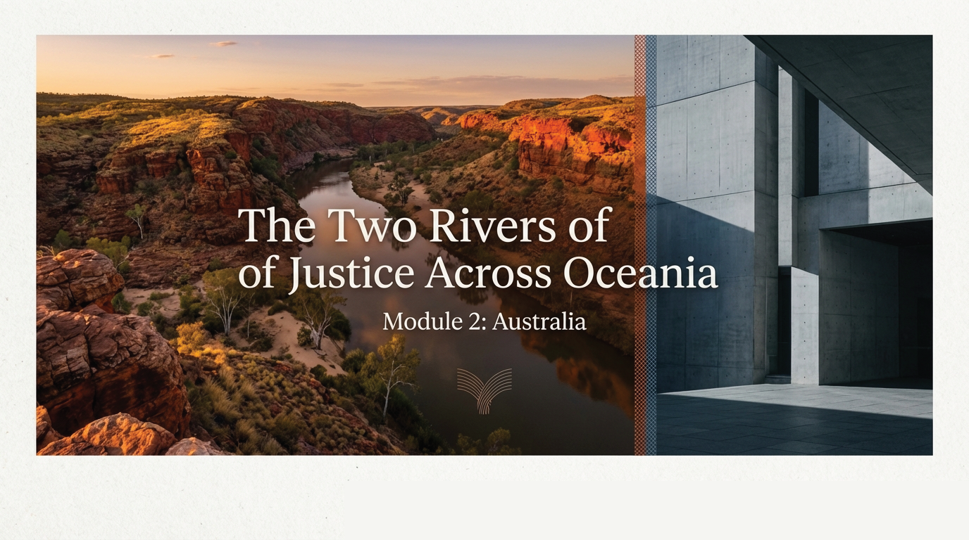 Stylised illustration of the Australian landscape with two rivers of justice.