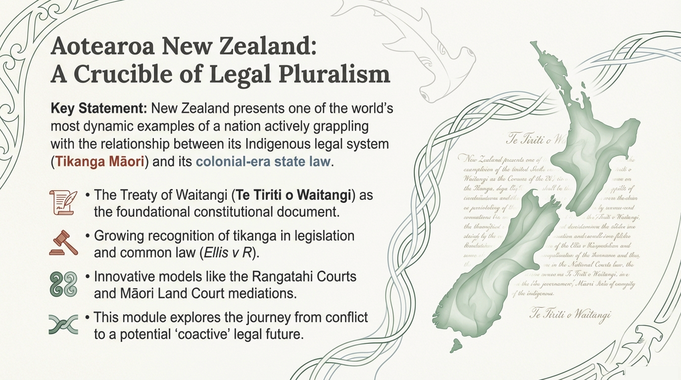 Slide with map of New Zealand and overview of bicultural justice commitments, including Te Tiriti and Te Ao Mārama.