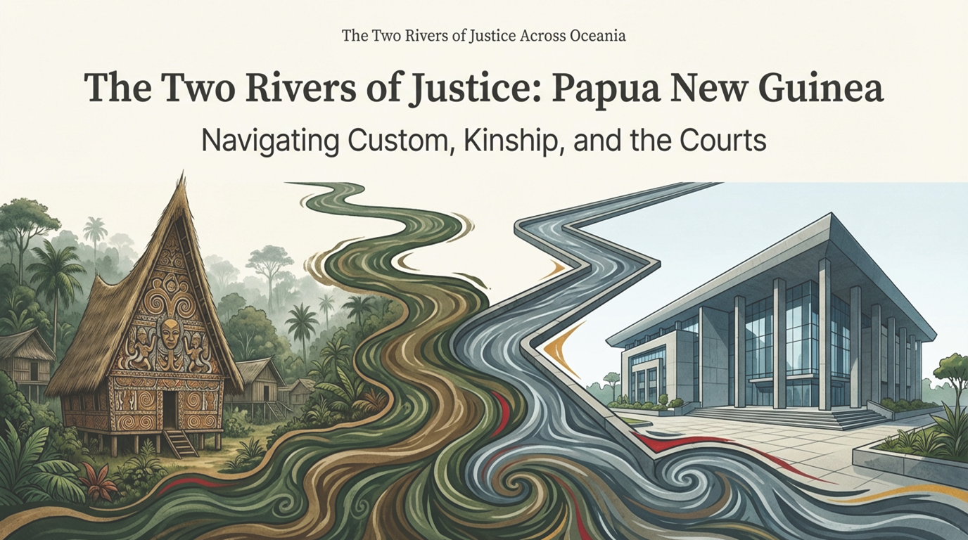 Two rivers flowing past a traditional PNG haus and a modern court building, representing custom and state law in Papua New Guinea.