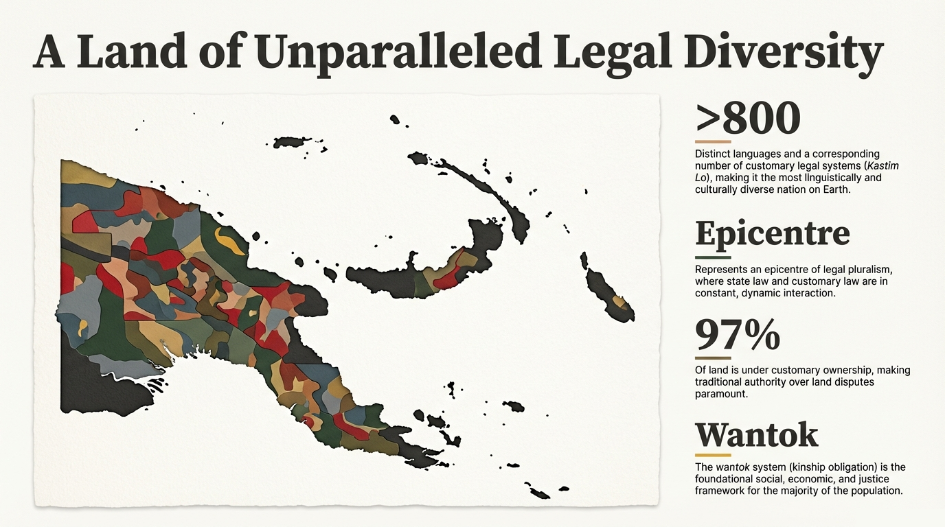 Map of Papua New Guinea with multiple colours representing cultural and legal diversity, alongside key statistics about languages, customary land and wantok.