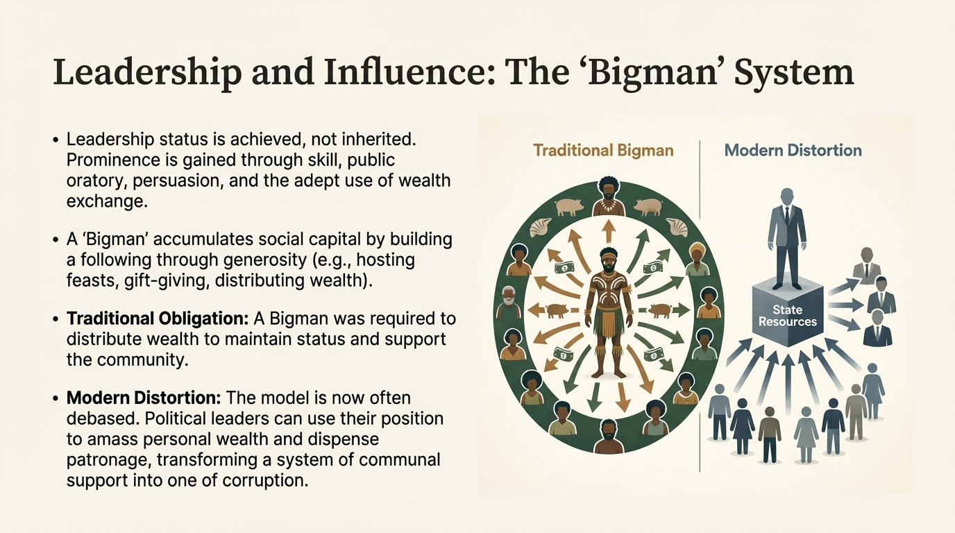 Diagram contrasting a traditional bigman at the centre of a community network with a modern figure directing state resources to supporters.
