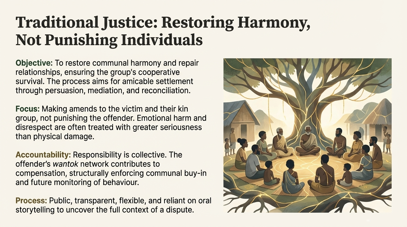 Community gathering under a tree, with people seated in a circle listening to speakers, representing traditional justice focused on harmony.