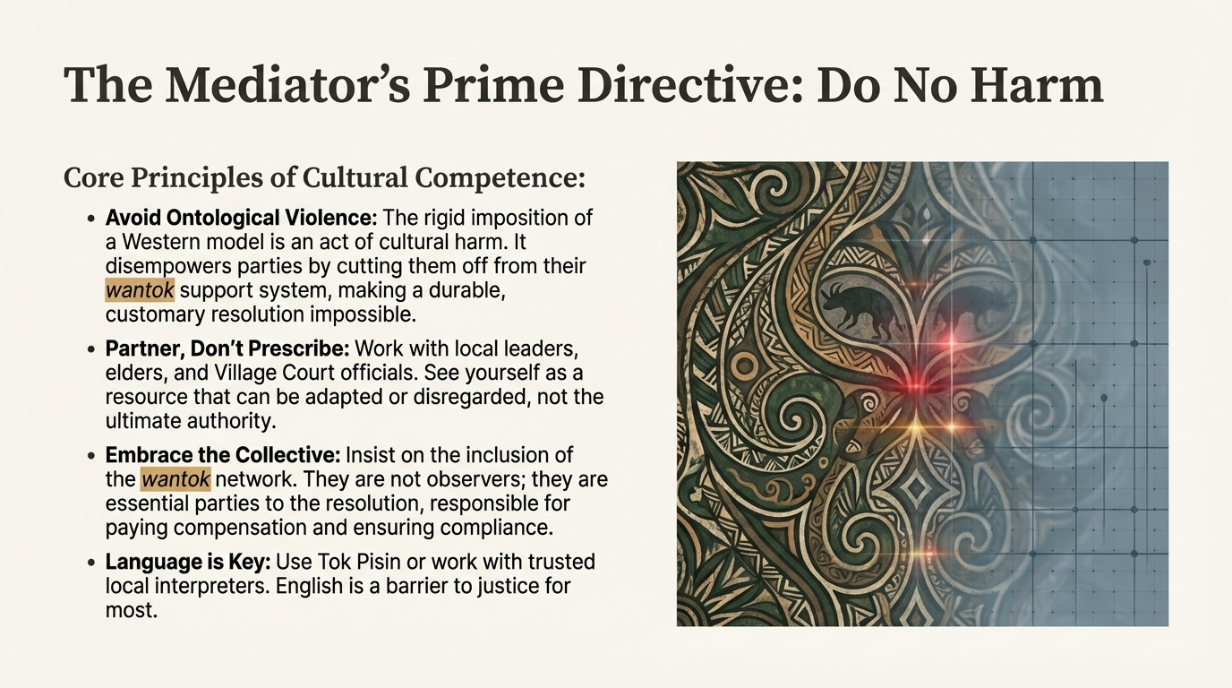 Decorative PNG-inspired motif beside key principles for mediators, labelled as the mediator’s prime directive to do no harm.