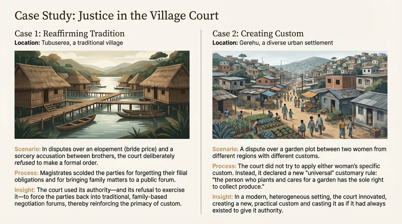 Two illustrated scenes of PNG villages on the water, representing case studies of justice in the Village Court.