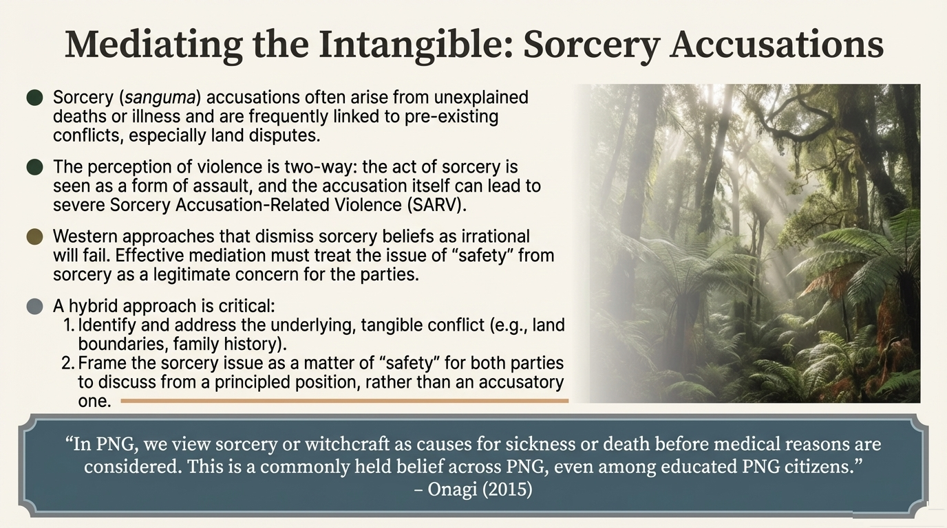 Dense PNG forest scene used as backdrop for text about mediating sorcery accusations.