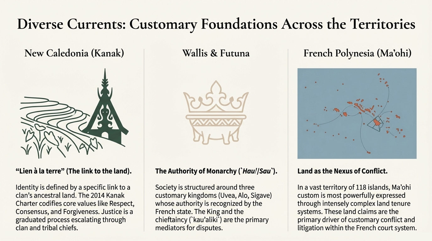 Illustration of overlapping land claims and timelines, representing historically rooted disputes in French Polynesia.