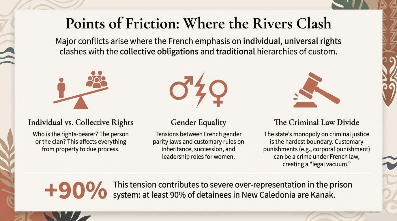 Graphic of two rivers meeting in a lagoon, representing overlap between French law and customary influence in French Polynesia.