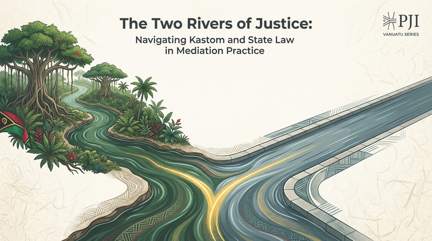 Title slide showing Vanuatu’s kastom, church and state as three pillars, with two rivers of justice flowing through islands of the archipelago.